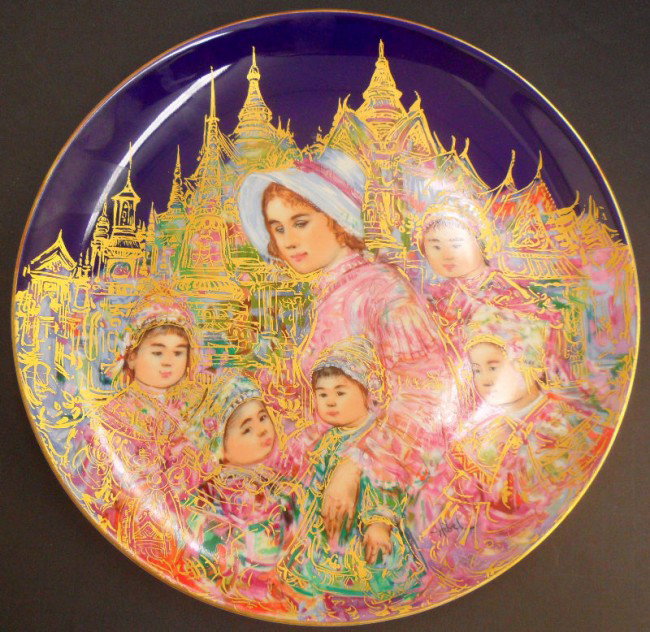 Edna Hibel Limited Edition Plate: Edna Hibel "Anna and the children of the King of Siam". Third Edition in a series of four from the "Famous Women and Children". Stated on back East is East, West is West, love can bring them together.