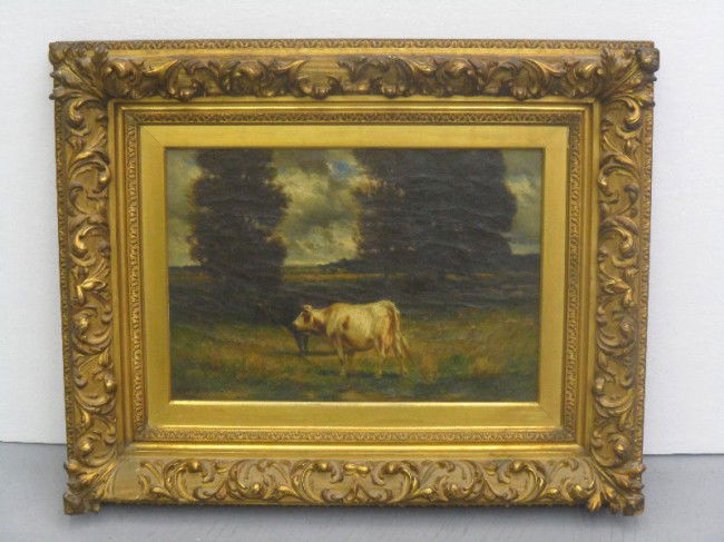 Guy Carleton Wiggins Cattle Herd Antique Painting: Antique oil painting on canvas signed Guy Carleton Higgins, American 1848-1932, entitled "Cattle Herds". In original canvas and frame. Titled on back of painting with signature in beautiful France. De