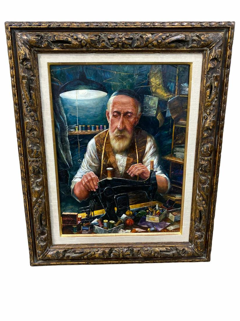 Signed Herbert Russin (Russian/American, 1892-1970) Oil Painting on Masonite Board Depicting Jewish: Signed Herbert Russin (Russian/American, 1892-1970) Oil Painting on Masonite Board Depicting Jewish The Tailor measures 24" x 17", 5" frame and matte. Signed lower right