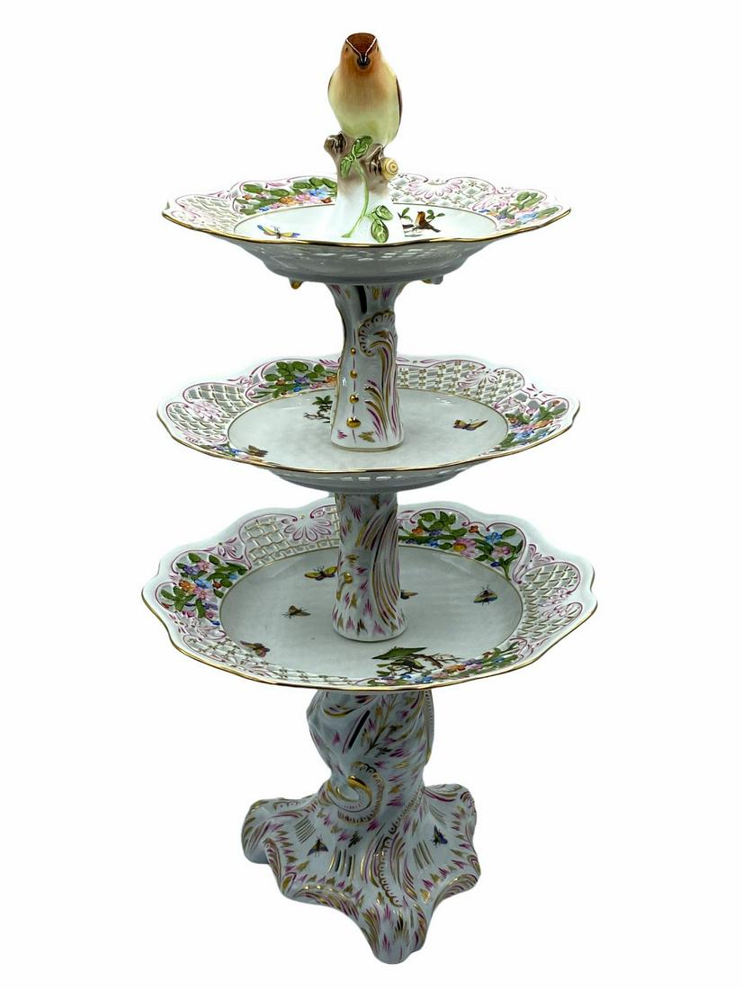 Herend Hungary Rothschild and Porcelain Reticulated Three Tier Dessert Stand with a Bird Finial: Herend Hungary Rothschild and Porcelain Reticulated Three Tier Dessert Stand with a Bird Finial measures H: 20"