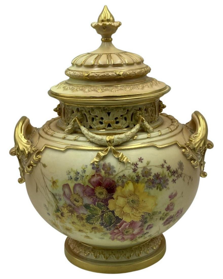 Royal Worcester Gilt and Hand Painted Floral Decorated Porcelain Covered Urn Vase: Royal Worcester Gilt and Hand Painted Floral Decorated Porcelain Covered Urn Vase measures 12" x 10" x 2"