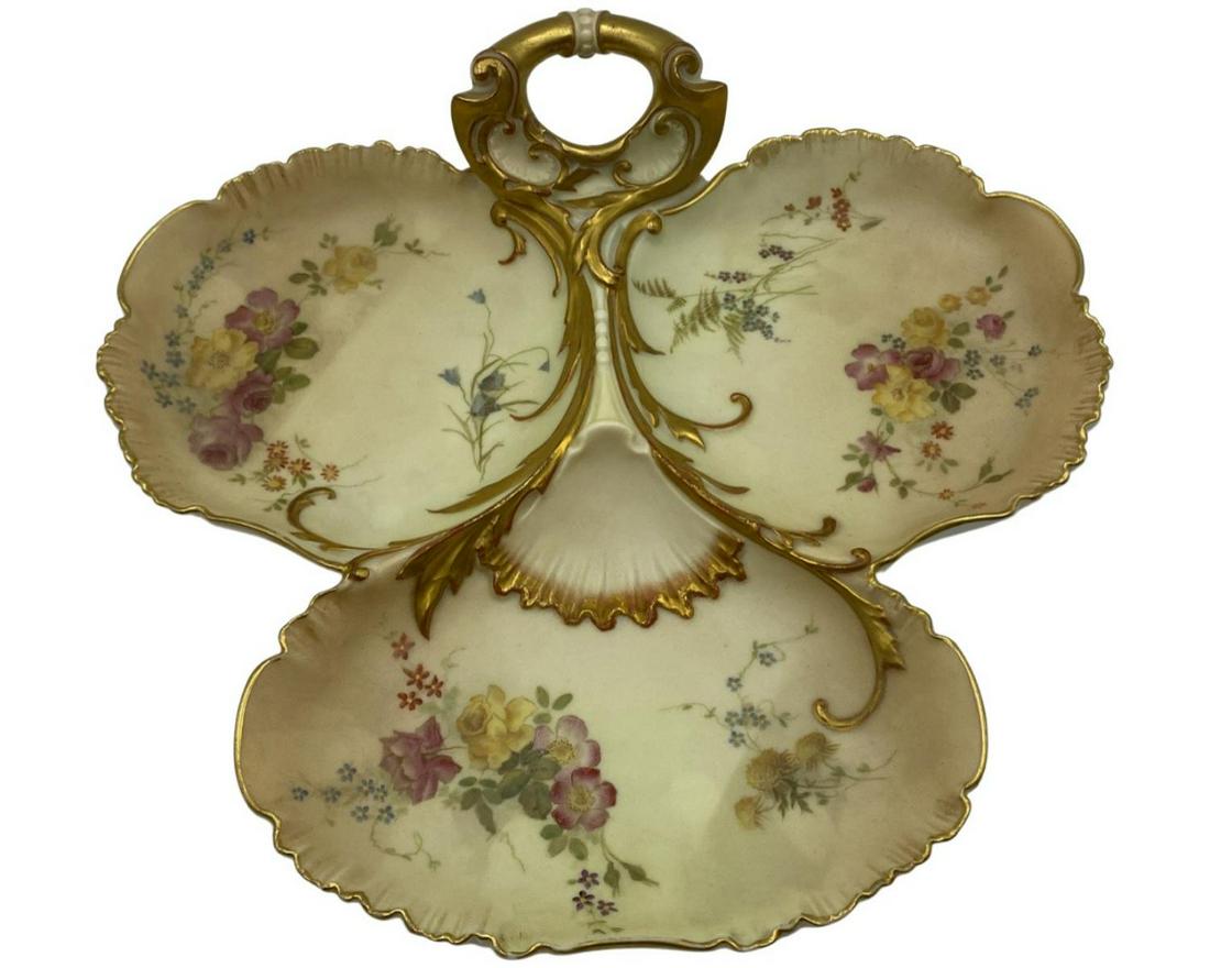 Royal Worcester Gilt and Hand Painted Floral Decorated Porcelain Three Section Dish: Royal Worcester Gilt and Hand Painted Floral Decorated Porcelain Three Section Dish measures 10" x 11"