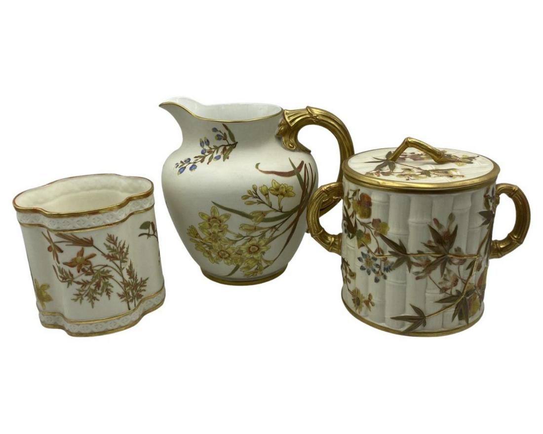 Lot of Three Royal Worcester England Porcelain Pitcher Cover Jar and Vase: Lot of Three Royal Worcester England Porcelain Pitcher Cover Jar and Vase. Largest measures H: 8 1/2" x W: 9"
