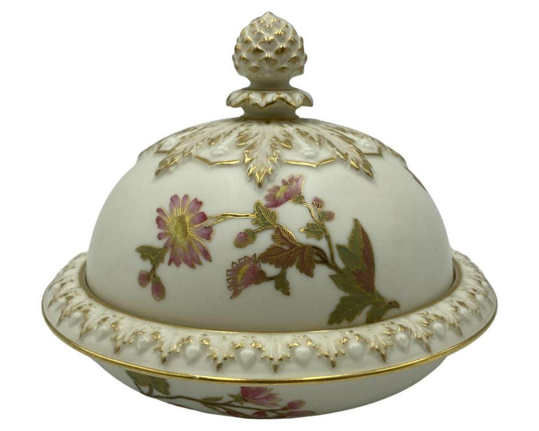 Lot of 11 Royal Worcester England Porcelain Set: Lot of 11 Royal Worcester England Porcelain Set includes 9 salad plates, 1 covered butterdish measures 6" x 6" and covered vase measures H: 5 1/2"