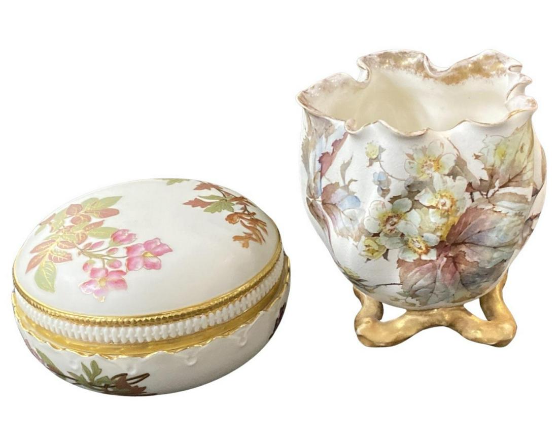 Pair of Royal Worcester England Porcelain Covered Box and Vase: Pair of Royal Worcester England Porcelain Covered Box and Vase. Box measures 2 1/2" x 4 1/2" and Vase measures 4 1/4"