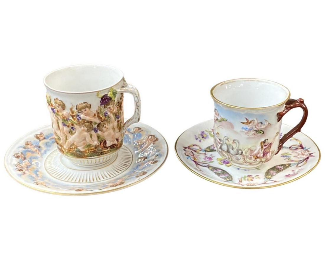 Two Capodimonte Cup and Saucer: Two Capodimonte Cup and Saucer. Largest saucer measures DIA: 6" and Cup measures H: 3"