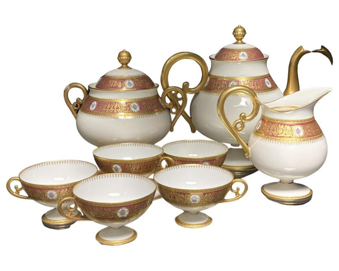 9pc Antique Carl Martin Limoges For E. Lecordier Tea Service Items: 9 pieces of antique Limoges porcelain tea service items decorated by Carl Martin to be retailed by E. Lecordier. Finely hand painted with a gilt scrolled leaf design with red ground and medallions wit