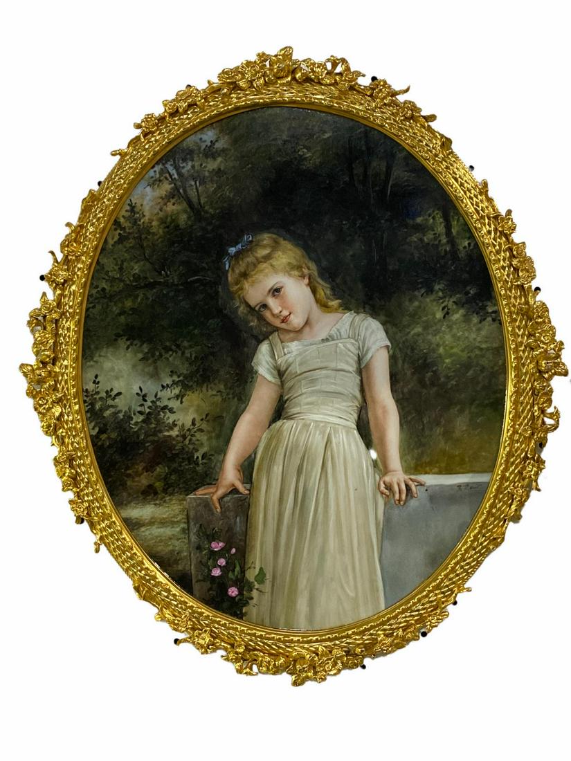 KPM Style German Porcelain on Gilt Frame Plaque Depicting a Little Girl Standing: KPM Style German Porcelain on Gilt Frame Plaque Depicting a Little Girl Standing, signed lower right measures H: 16 1/2" x W: 13 1/2", 1/2" frame
