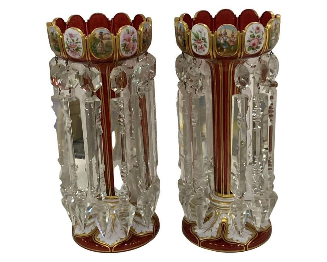 Pair of Bohemian Enameled Cranberry Glass Girandoles: Pair of Bohemian Enameled Cranberry Glass Girandoles measures H: 14". One is missing one prism, sold as is