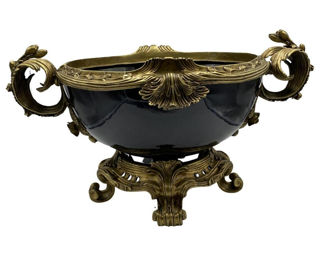 European Style Dore Bronze and Black Porcelain Mounted Centerpiece Bowl: European Style Dore Bronze and Black Porcelain Mounted Centerpiece Bowl measures H: 12" x L: 22" x W: 16"