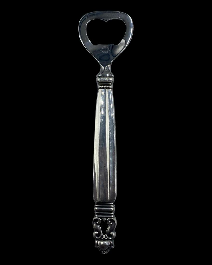 Georg Jensen Sterling Silver Bottle Opener in the Acorn Pattern: Georg Jensen Sterling Silver Bottle Opener in the Acorn Pattern, marked Georg Jensen and Sterling Denmark measures L: 6 1/2"