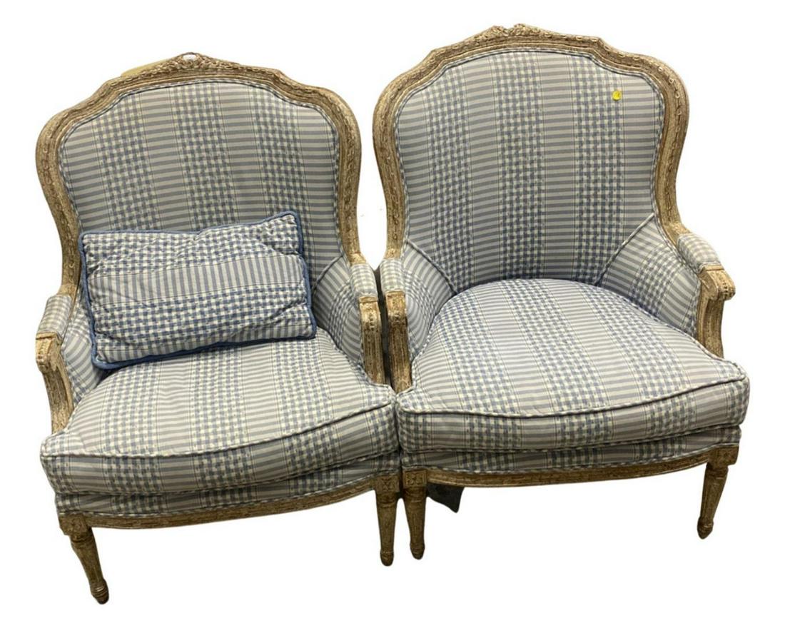 Pair of Louis XV Style Hand Carved and Upholstered Arm Chairs: Pair of Louis XV Style Hand Carved and Upholstered Arm Chairs measures 27" x 36" x 32"