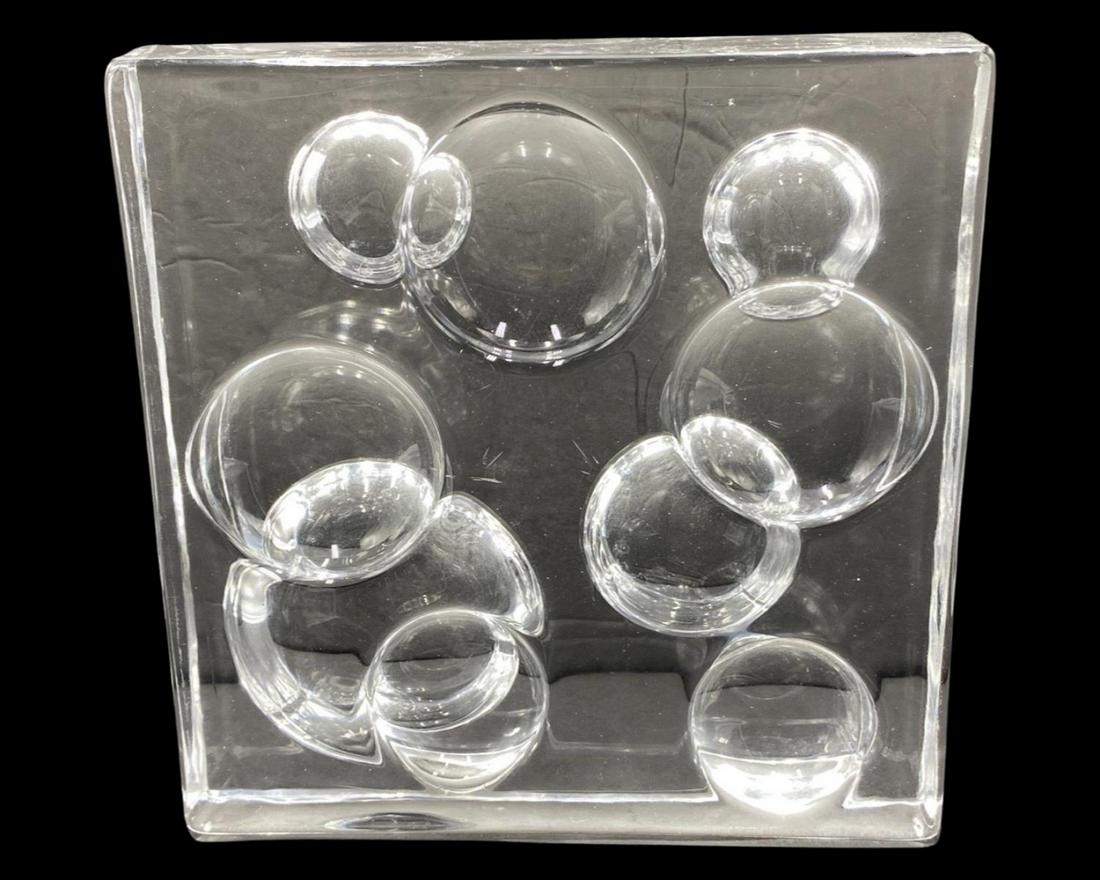 Signed Daum France Crystal Moon Landscape Sculpture with a Bubble Surface on Both Sides: Signed Daum France Crystal Moon Landscape Sculpture with a Bubble Surface on Both Sides, signed Daum France measures 8" x 8"