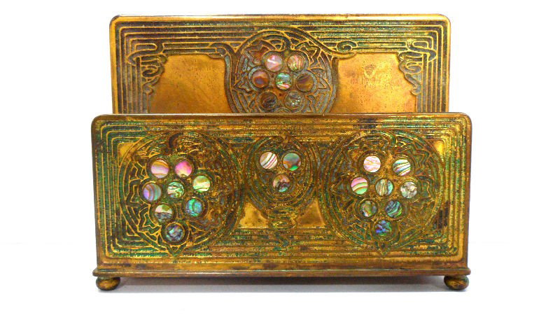Tiffany Studios Grapevine Letter Holder: Tiffany Studios letter holder in the grapevine pattern. Bronze with mother of pearl insets. Marked Tiffany Studios New York 1156 on bottom. Measures 4 3/4" high x 6 1/4" wide. Shipping within the cont