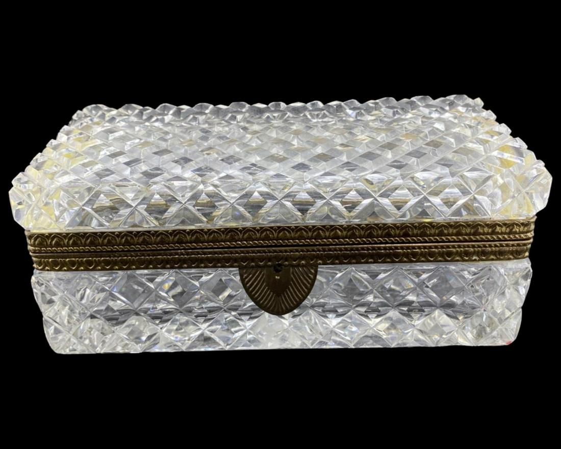 Baccarat Style Cut Crystal and Gilt Ormolu Jewelry Box: Baccarat Style Cut Crystal and Gilt Ormolu Jewelry Box measures 3 1/2" x 8 1/2" x 4"