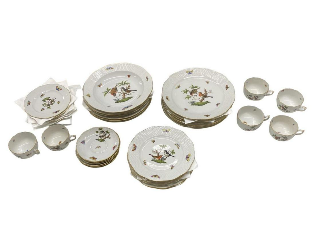 36 Pcs Herend Rothschild Birds Porcelain Serving for Six: 36 Pcs Herend Rothschild Birds Porcelain Serving for Six includes six dinner plates, 6 soup bowl, 6 salad plates, 6 bread plates, 6 saucers and 6 cups