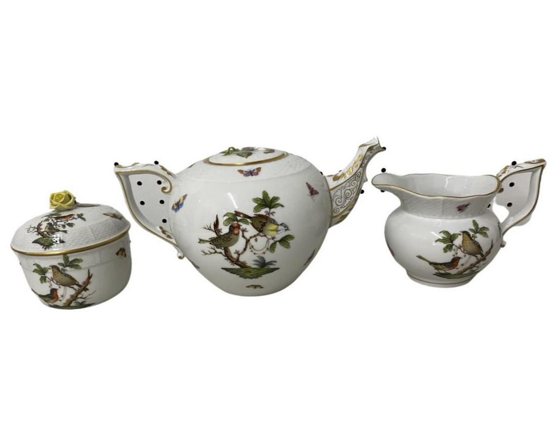 Three Pcs Herend Rothschild Birds Porcelain Coffee Set: Three Pcs Herend Rothschild Birds Porcelain Coffee Set includes coffee pot 6 1/2" x 10", creamer 4 1/2" x 7" and covered sugar bowl 5" x 5"