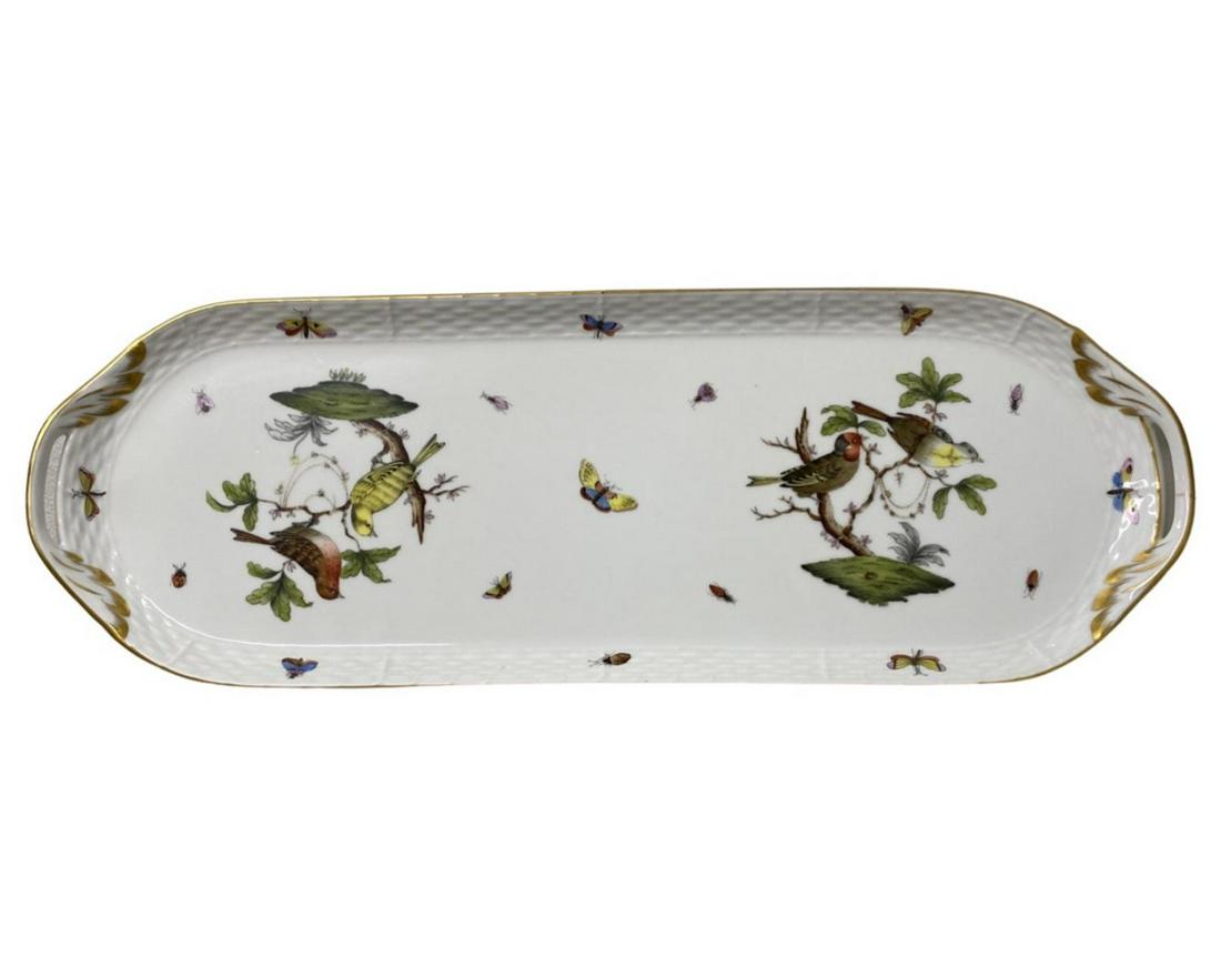 Herend Rothschild Birds Porcelain Sandwich Tray: Herend Rothschild Birds Porcelain Sandwich Tray measures L: 19 1/2" x W: 7". One has a crack on handle, sold as is