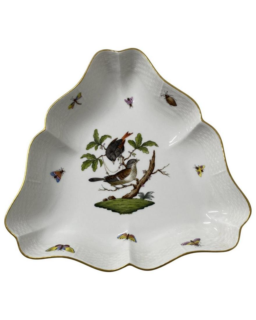 Herend Rothschild Bird Porcelain Triangle Serving Bowl: Herend Rothschild Bird Porcelain Triangle Serving Bowl measures DIA: 9 1/2"