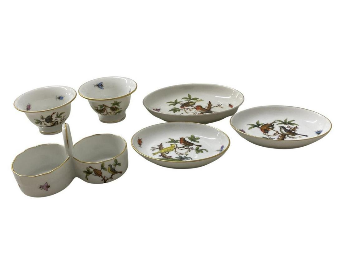 Lot of Six Herend Rothschild Birds Porcelain Miniatures Serving Pcs: Lot of Six Herend Rothschild Birds Porcelain Miniatures Serving Pcs includes salt cellars, 3 trinket dish and 2 trinket bowls. Largest measures H: 2 1/2"