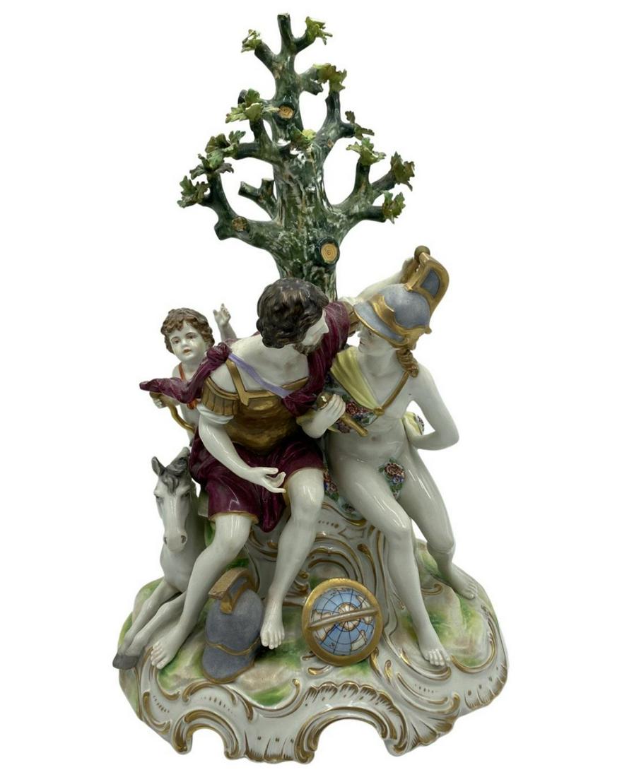 Meissen Style Hand Painted Porcelain Group Man and Woman Figurines: Meissen Style Hand Painted Porcelain Group Man and Woman Figurines measures H: 14", sold as is