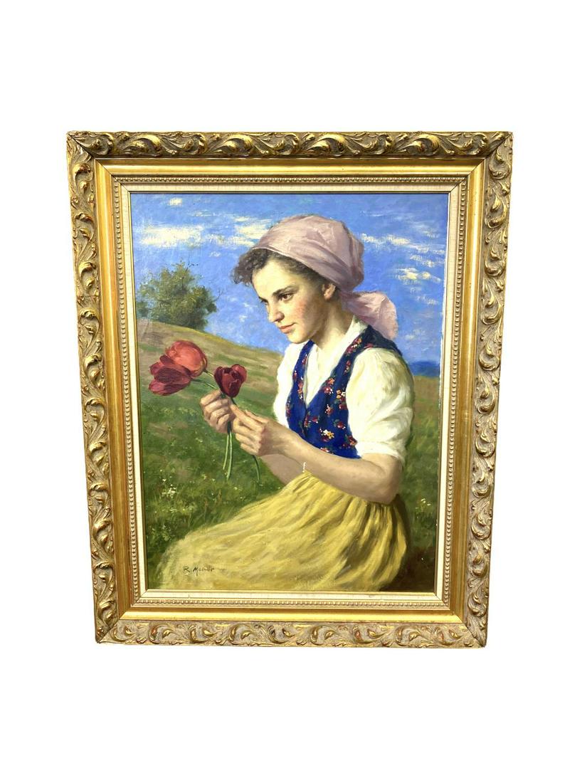 Signed Rezes C. Molnar(Hungarian) Oil Painting on Canvas Girl with Flowers: Signed Rezes C. Molnar(Hungarian) Oil Painting on Canvas Girl with Flowers, signed lower left measures 32" x 23", 11" frame