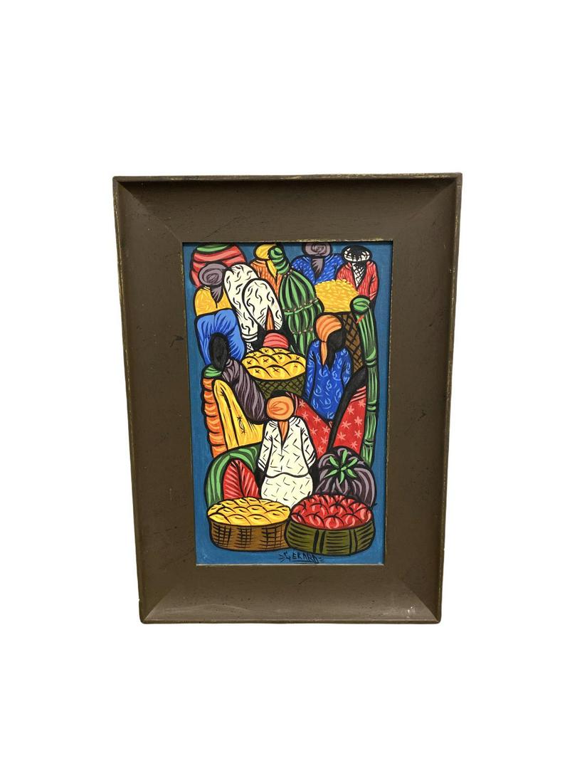 Signed Gerard Haitian Oil Painting on Board Market: Signed Gerard Haitian Oil Painting on Board Market signed measures 14" x 9", 2 3/4" frame