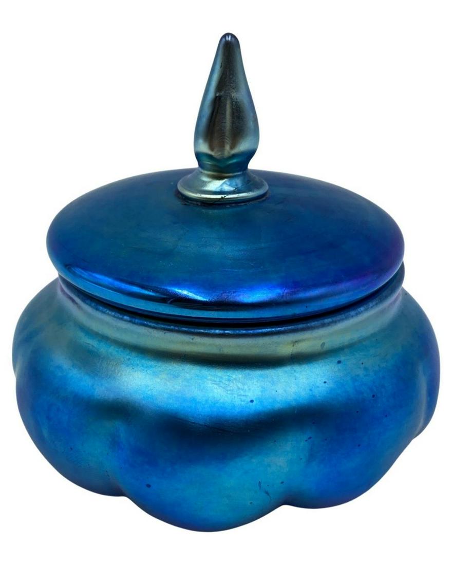 Steuben Blue Aurene Iridescent Glass Covered Jar: Steuben Blue Aurene Iridescent Glass Covered Jar