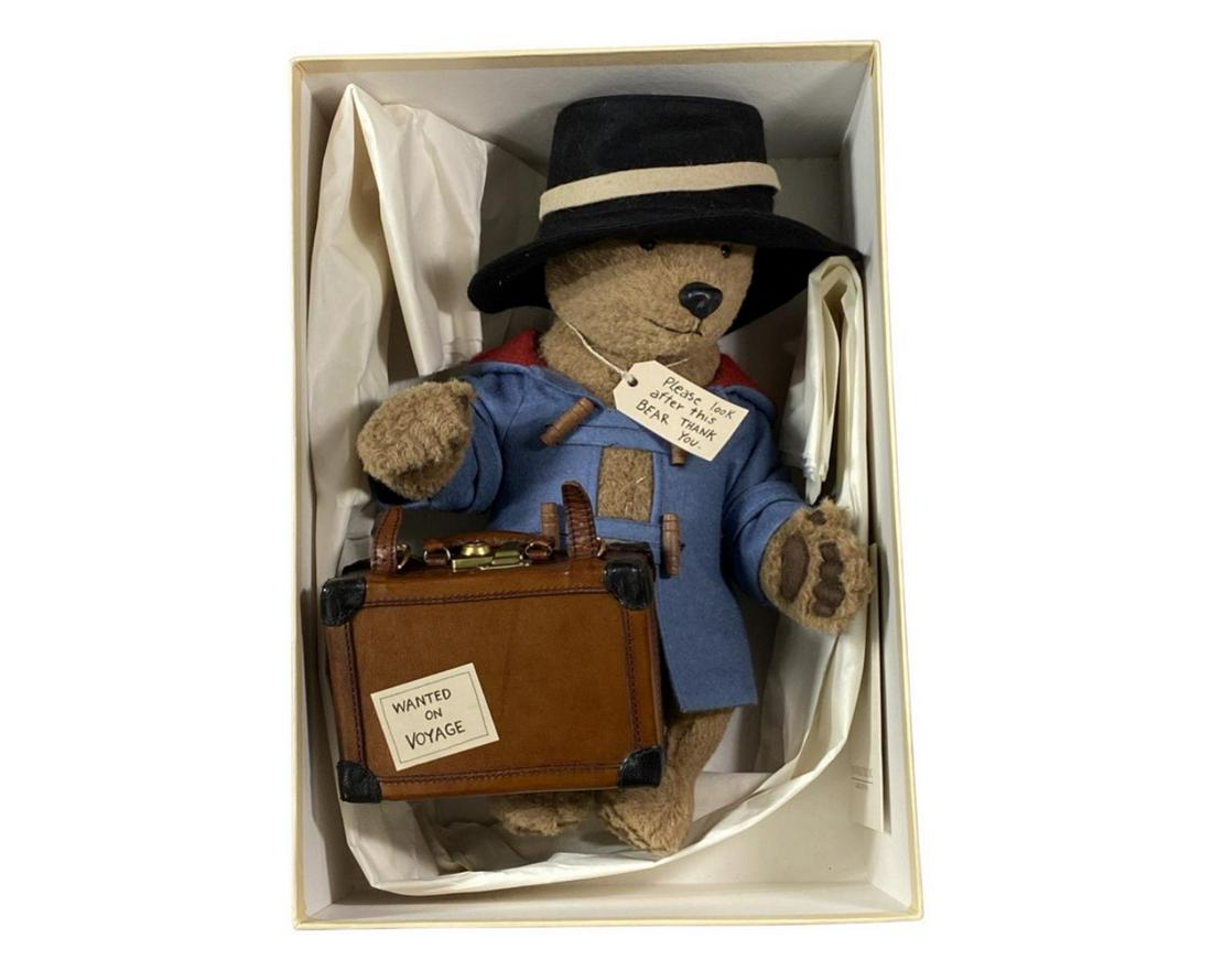 Vintage R. John Wright "Paddington Bear" Limited Edition Doll: A vintage R. John Wright "Paddington Bear" doll. Has original tags, leather suitcase and original box. Even includes his marmalade jar still sealed wih factory foam protector. Limited edition 1030/250