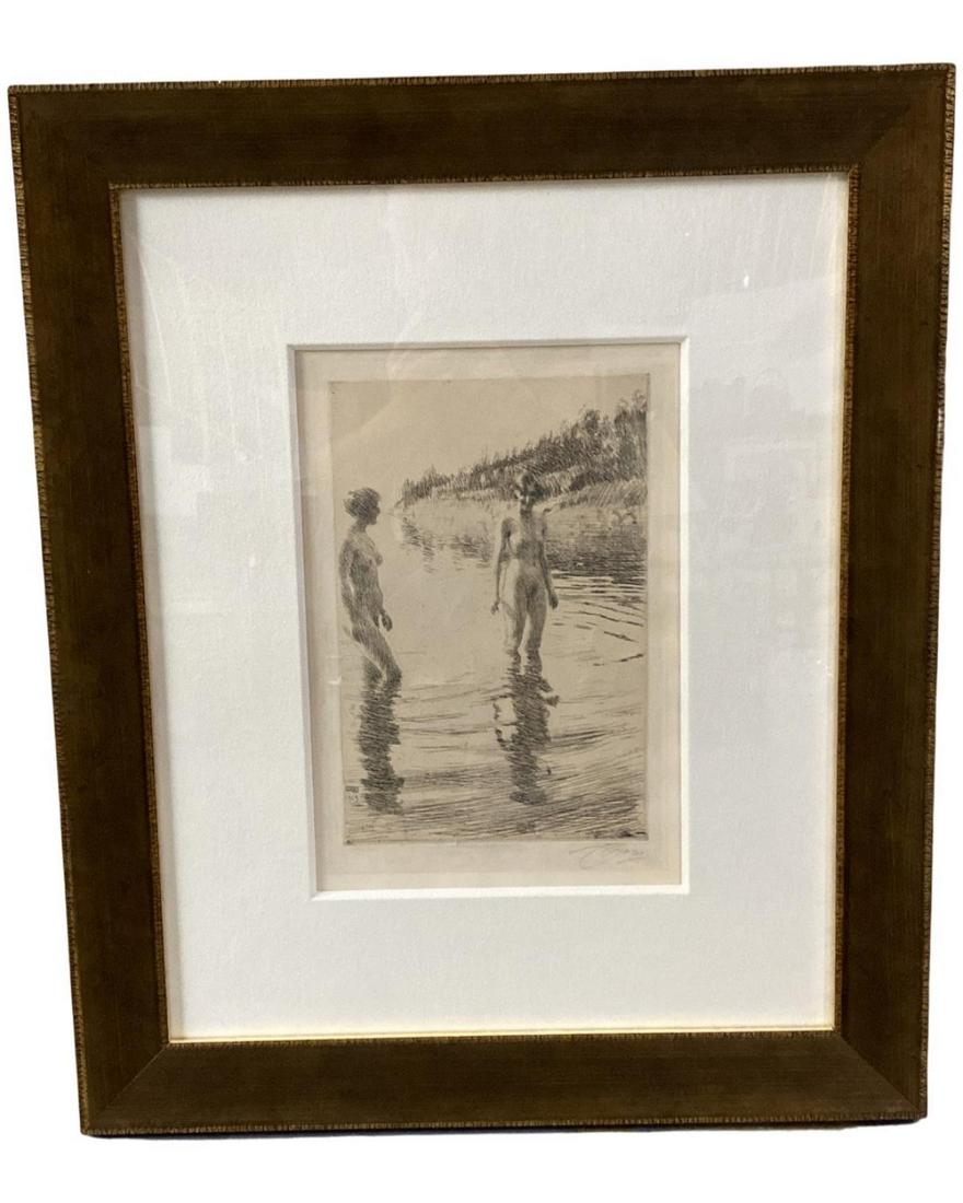 Signed Anders Leonard Zorn (Swedish, 1860-1920) Etching Shallow 1913: Signed Anders Leonard Zorn (Swedish, 1860-1920) Etching Shallow 1913 pencil signed lower right measures H: 13" x W: 9", 6" frame and matte