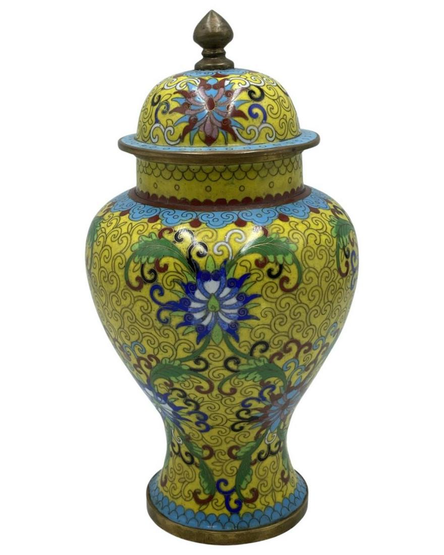 Chinese Cloisonne Enamel Lidded Cookie Jar: Chinese Cloisonne Enamel Lidded Cookie Jar measures H: 10"