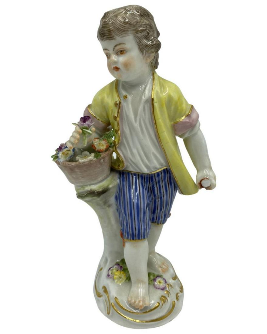 Meissen Hand Painted Porcelain Figure Boy with Flower: Meissen Hand Painted Porcelain Figure Boy with Flower measures H: 5 1/4", sold as is