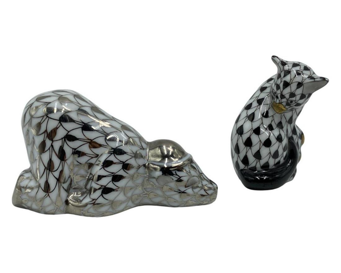 Pair of Herend Hungary Black Fishnet Cat and Sleeping Bear with Gold Hat Figurines: Pair of Herend Hungary Black Fishnet Cat and Sleeping Bear with Gold Hat Figurines. Bear measures H: 1 1/4" x L: 2" and Cat measures H: 1 1/4"