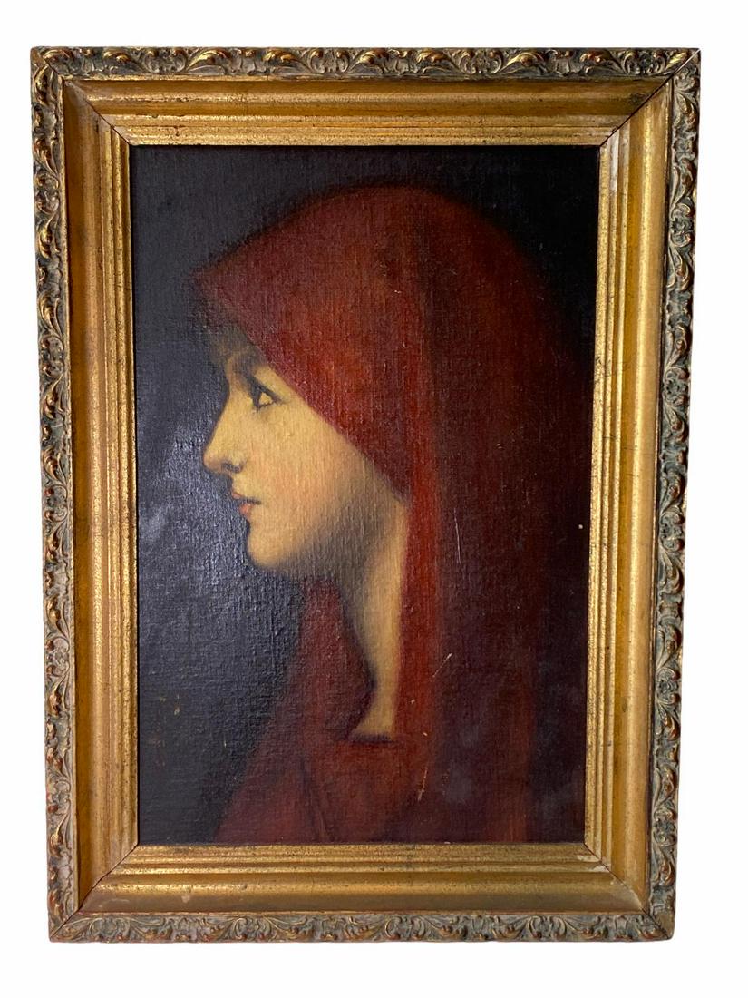 After Jean Jacques Henner (French, 1829-1905) Oil Painting on Panel Portrait of Woman in Red: After Jean Jacques Henner (French, 1829-1905) Oil Painting on Panel Portrait of Woman in Red measures H: 17 1/2" x W: 11 1/2", 2" frame