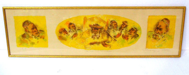 Chaim Gross Rabbinical Watercolor: Three scene water color by Chaim Gross (American 1904-2004) entitled "The Rabbi and his Chassidim" framed under glass. Signed lower right. Measures 7" x 5 3/4" ( sides), middle measures 7" x 17", fram