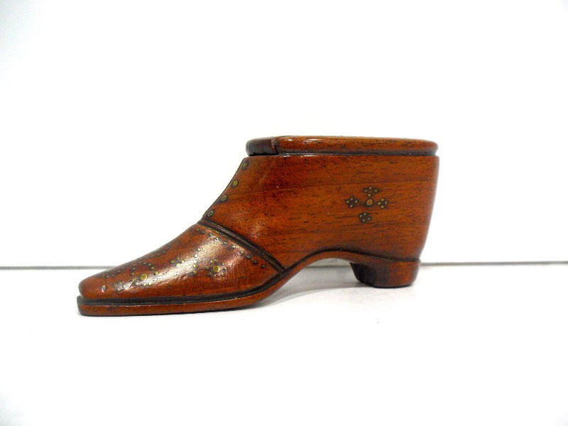 Antique English Wooden Shoe Snuff Box: Antique English Wooden Shoe Snuff Box. Measures 1 1/2" high. Shipping within the continental US is $15 plus Required insurance. For international shipping and required insurance quotes please email us