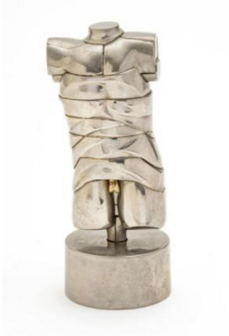 Signed Miguel Ortiz Berrocal (Spain, 1933-2006) Silvered Brass Puzzle Sculpture Mini David: Signed Miguel Ortiz Berrocal (Spain, 1933-2006) Silvered Brass Puzzle Sculpture Mini David. Signed by the artist with book measures 5 1/2" x 2 3/4"