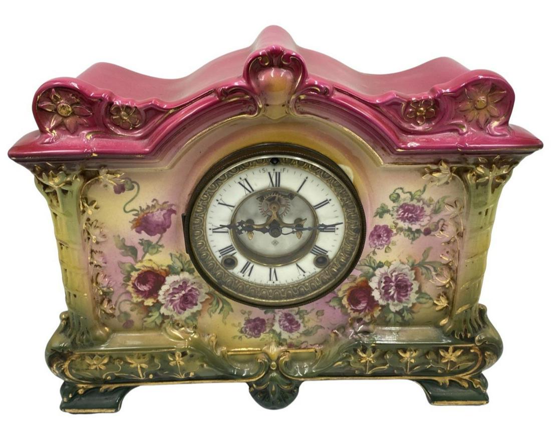 Royal Bonn German Hand Painted Porcelain La Palma Floral Case Mantle Clock: Royal Bonn German Hand Painted Porcelain La Palma Floral Case Mantle Clock measures 11" x 13" x 5"