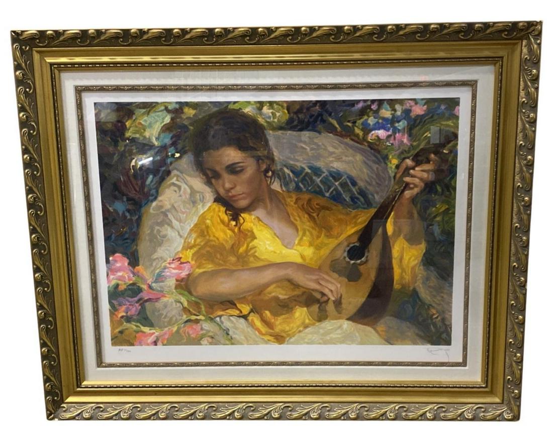 Signed Jose Royo (Spanish b. 1941) Limited Edition Serigraph of Musician Lady: Signed Jose Royo (Spanish b. 1941) Limited Edition Serigraph of Musician Lady. Signed and numbered A.P. 11/50, measures H: 20" x W: 26", 4" frame and matte