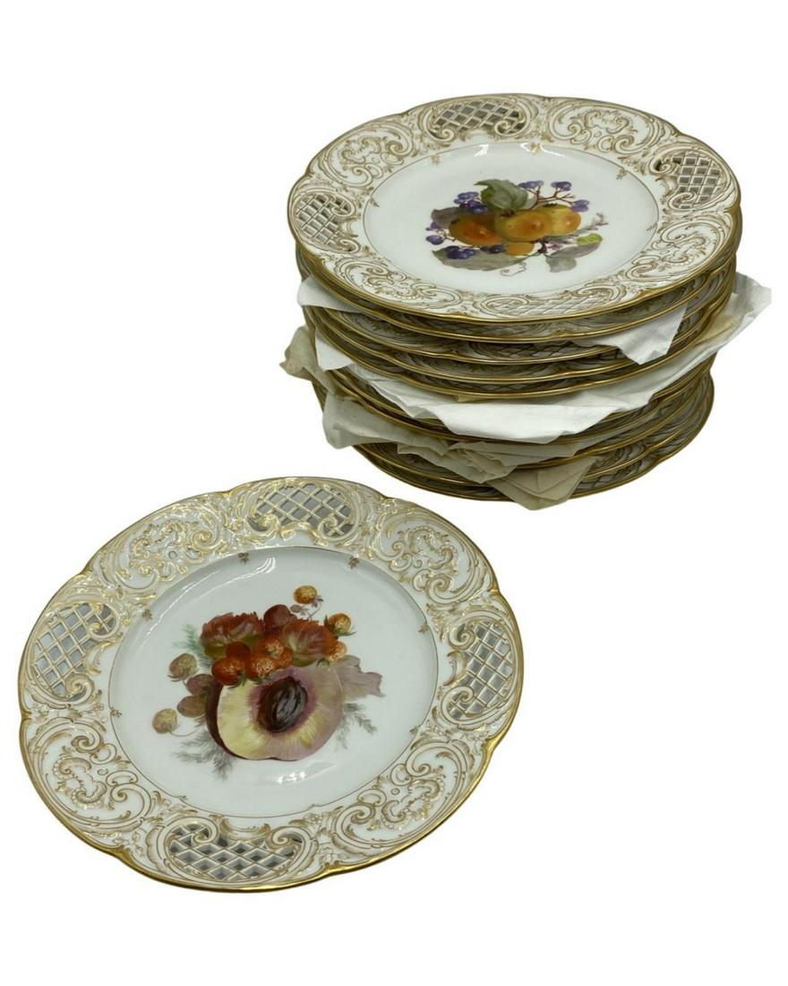 12 Rare KPM Reticulated Hand Painted Fruit Design Porcelain Plates: 12 Rare KPM Reticulated Hand Painted Fruit Design Porcelain Plates measures DIA: 8 1/2"