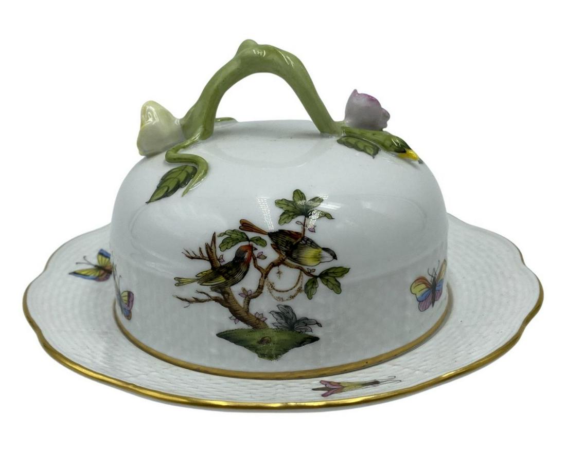 Herend Hungary Rothschild Birds Porcelain Butter Dish: Herend Hungary Rothschild Birds Porcelain Butter Dish measures 3 1/2" x 5 1/2"