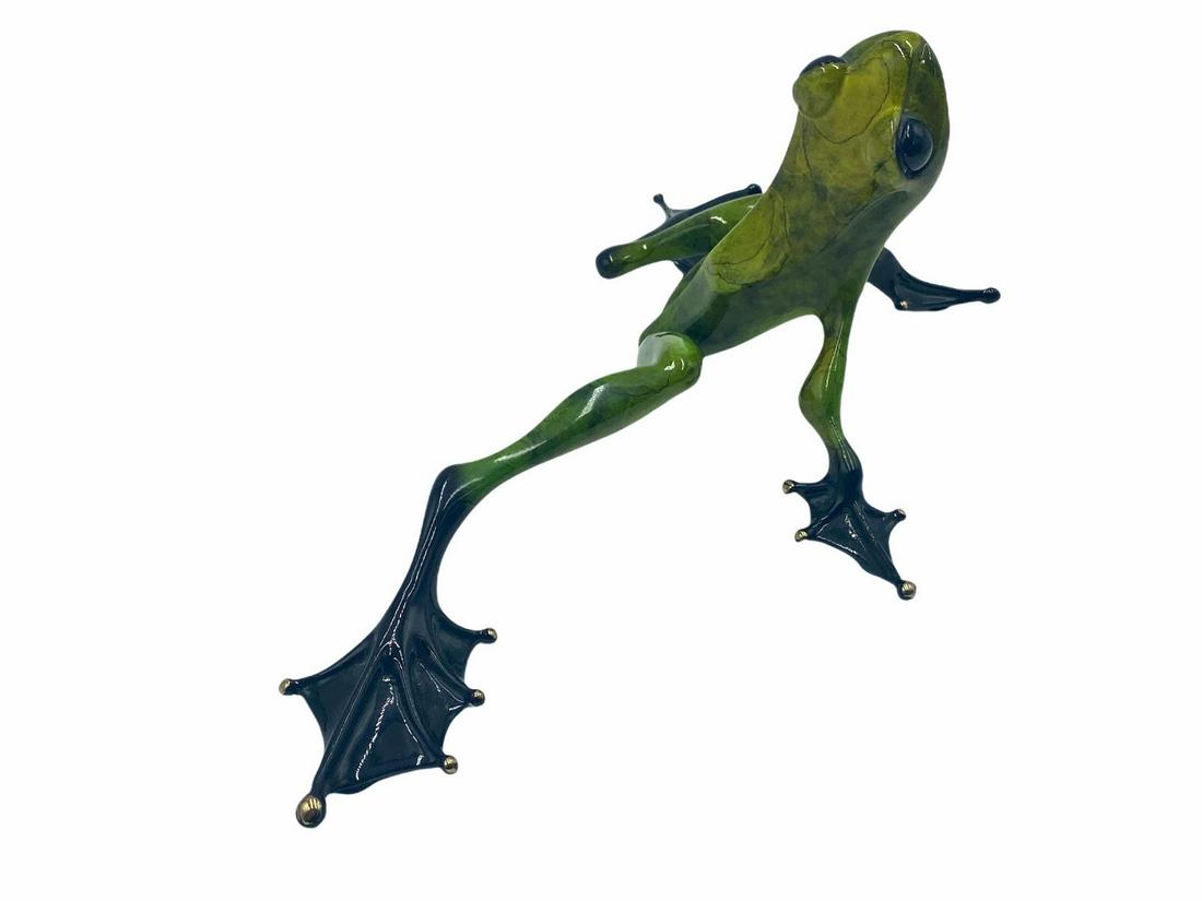 Signed Tim Cotteril (British b. 1950) Polychrome Bronze Frog Sculpture: Signed Tim Cotteril (British b. 1950) Polychrome Bronze Frog Sculpture. Signed and numbered 473/500 measures H: 4" x L: 10" x DIA: 3"