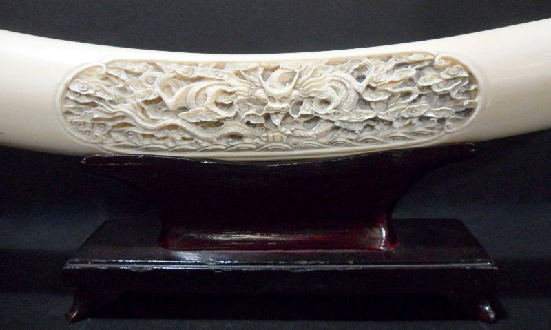 Chinese Carved Ivory Dragon Tusk: Chinese carved ivory dragon tusk. A full length tusk with a central panel including a carving of a dragon in the clouds. The end of the tusk is etched with Chinese symbols. Piece rests on a carved woo