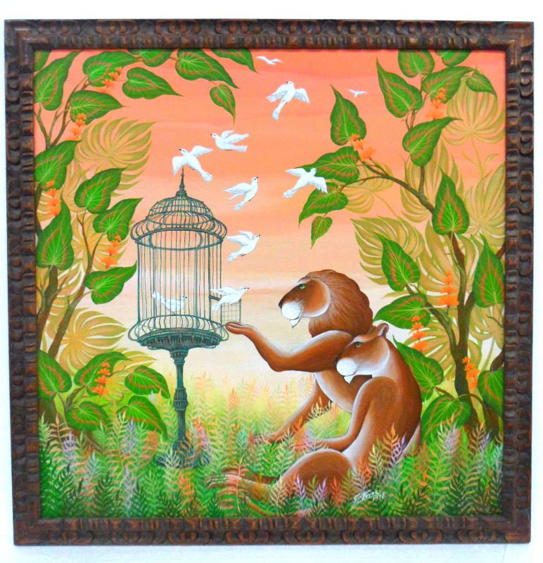 Gustavo Novoa Painting of Lions: Important oil painting by famed Chilean artist Gustavo Novoa. Gustavo Novoa was represented exclusively by Wally Findlay Galleries in the 1970s. This handsome work depicts a lion and lioness with a bi