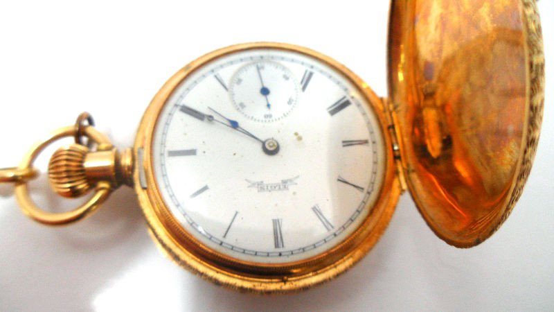 Antique Elgin Tri-Gold Pocket Watch: Antique Elgin Tri-Gold Pocket Watch. This luminous pocket watch features a stunning Tri-color 14K Gold hunters case signed 14K with engraved & monograming stating "Katie M. Eady From Mother 1888". Poc