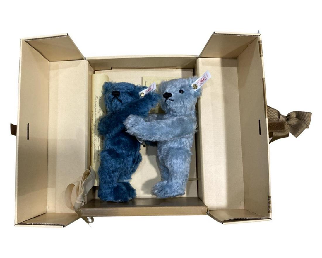 Steiff Two Blue Teddy Bears Forever Friends Blue 23 North American Edition 1996 NO. 2307 with: Steiff Two Blue Teddy Bears Forever Friends Blue 23 North American Edition 1996 NO. 2307 with Certificate of Authenticity measures H: 8"