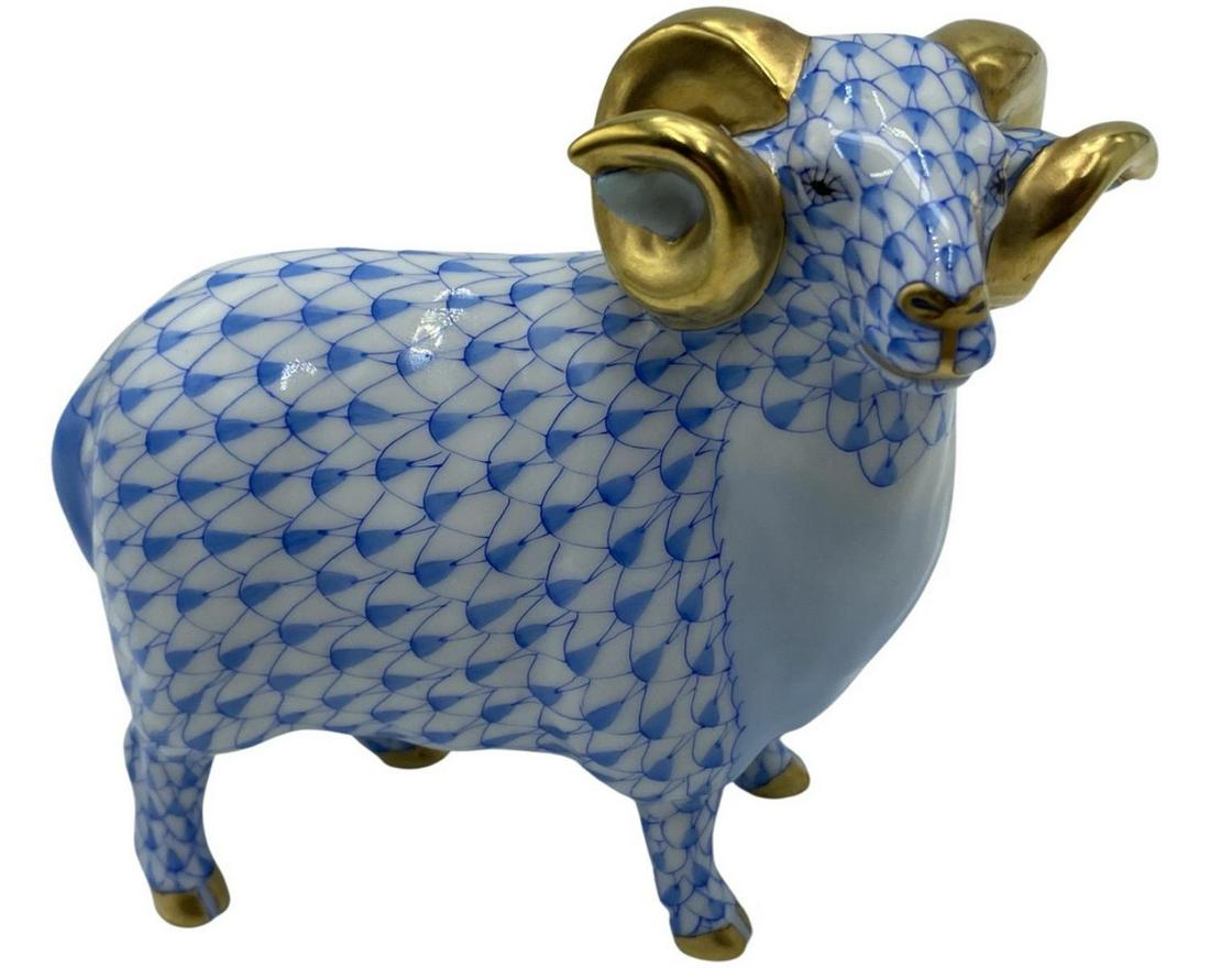 Herend Hungary Blue Fishnet Ram Porcelain Figure: Herend Hungary Blue Fishnet Ram Porcelain Figure measures 4" x 4 1/2"