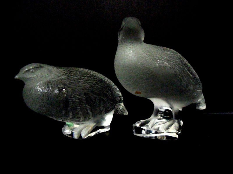 Lalique France Pair of Molded Glass Pigeons: Beautiful pair of vintage Lalique pigeons in clear and frosted molded glass. One of the pigeons stands upright, while the other appears to be feeding. The details of the feathers are stunningly molded