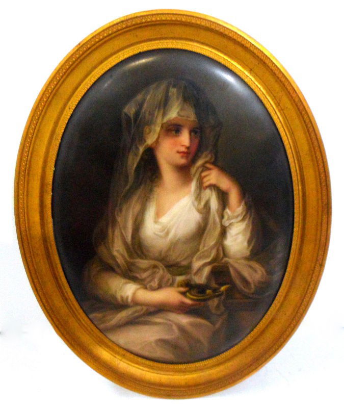 KPM Painting on Porcelain by Henry Bucker: KPM painting on porcelain of the Duchess of Devonshire as the Vestal Virgin after the painter Angelica Kauffman by Henry Bucker. The plaque is oval in shape and framed in a thin bronze. The back conta