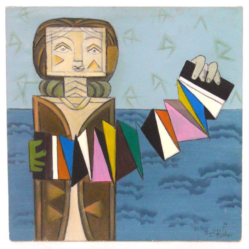 Ibrahaim Kodra Oil Painting on Canvas: Painting by Albanian artist Ibrahaim Kodra. The subject of the paintings is a woman playing an accordion. The work is predominantly in the cubist style, and exhibits a bold use of color. Signed on the